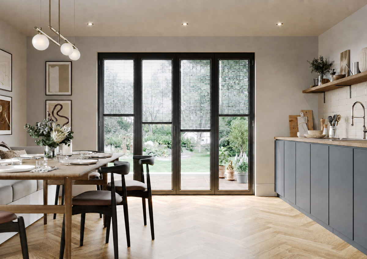 25mm Image Bifold Kitchen Diner - Aluminium Venetian Blind - Open Slats 25mm Image Bifold Kitchen Diner - Aluminium Venetian Blind - Open Slats